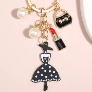 Fashion Charm Keychain Golden Dress Lipstick Bag Faux Pearl Hat Fancy Woman Lady
